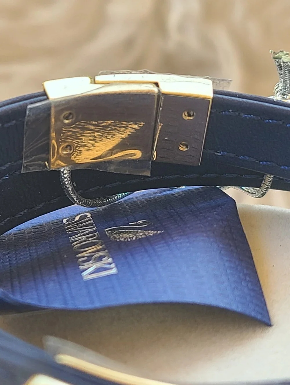 Swarovski Vio Navy Leather Bracelet Double Wrap Gold Plated 5120752-Like New